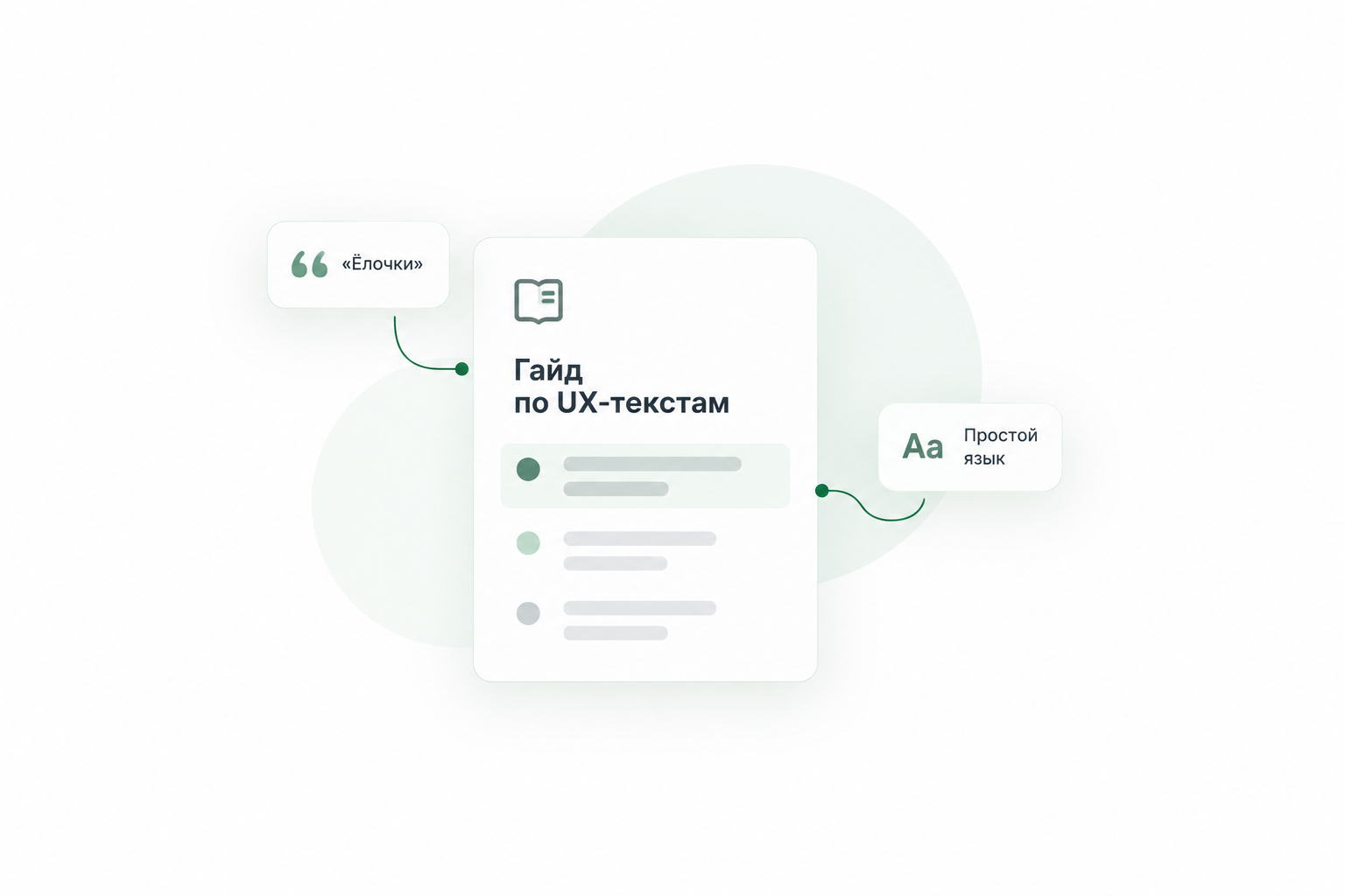 Иллюстрация гайда по UX-текстам: документ с правилами, пример цитаты «Ёлочки» и принцип простого языка